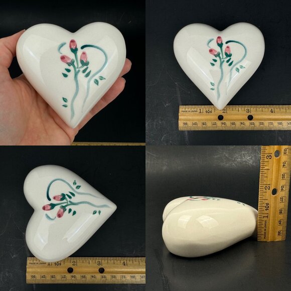 3 Vtg Ceramic Cream Color Heart Shape Wall Hanging Ornament Floral Ribbon Paint - Picture 4 of 10